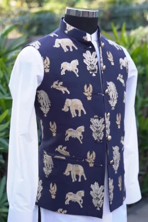 Navy Blue Animal Motif Nehru Jacket