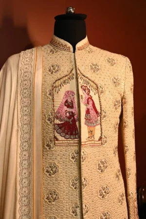 Beige Embroidered Wedding Sherwani
