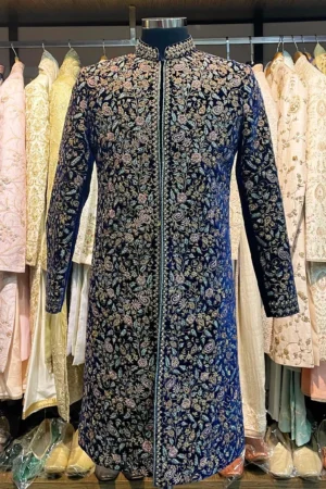 Navy Blue Floral Embroidered Sherwani