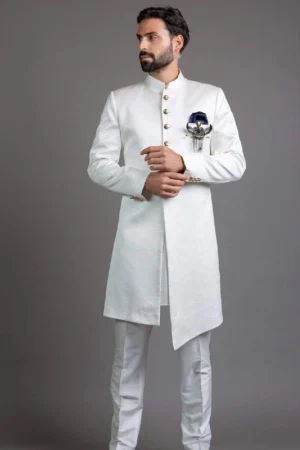 White Textured Achkan Set