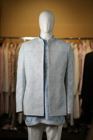 Aqua Blue Silk Sherwani Set With Mirror Work