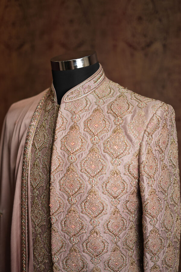 Beige Raw Silk Resham Embroidered Wedding Sherwani - Image 3