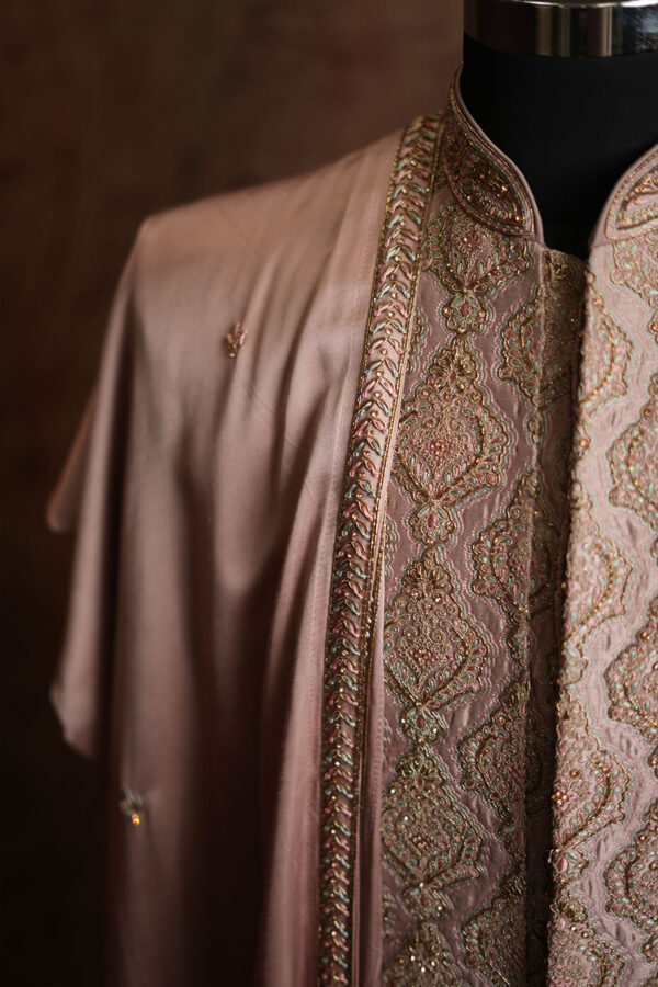 Beige Raw Silk Resham Embroidered Wedding Sherwani - Image 2