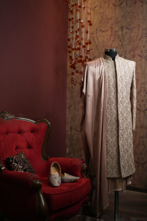 Beige Raw Silk Resham Embroidered Wedding Sherwani