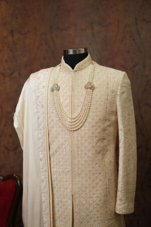 Cream Silk Sherwani with Resham Embroidery