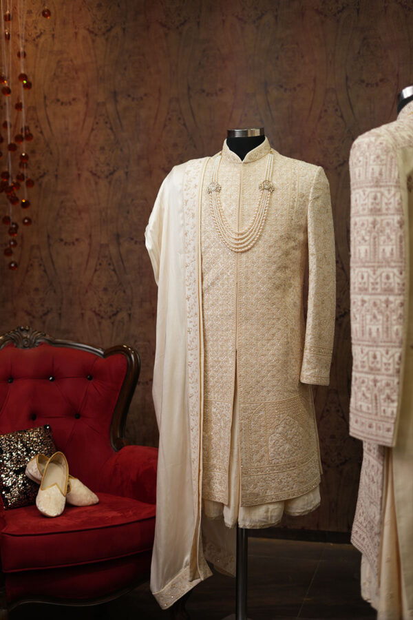 Cream Silk Sherwani with Resham Embroidery - Image 2
