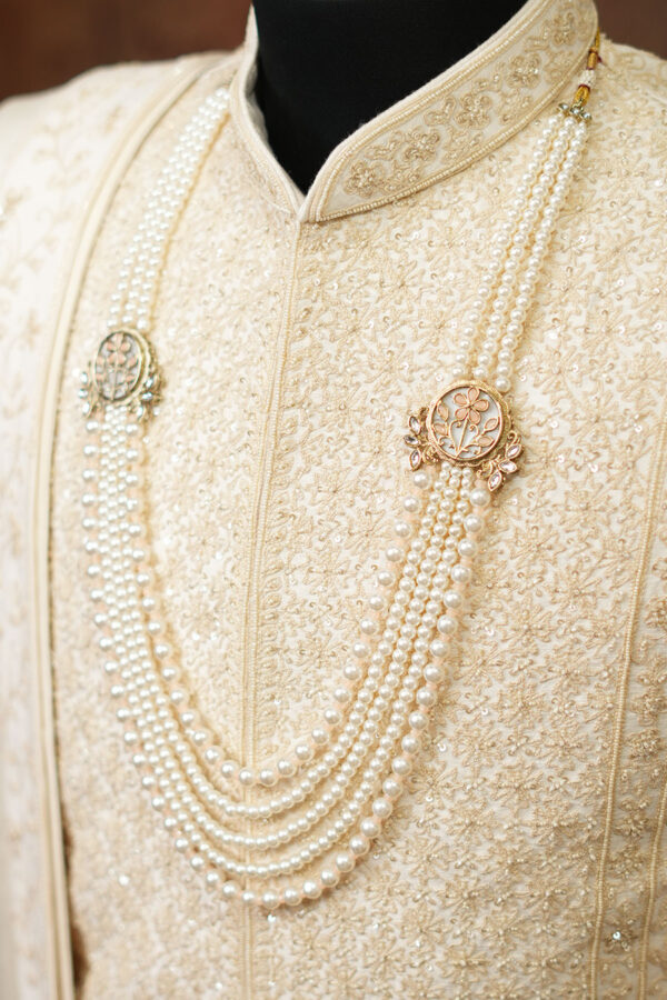 Cream Silk Sherwani with Resham Embroidery - Image 3