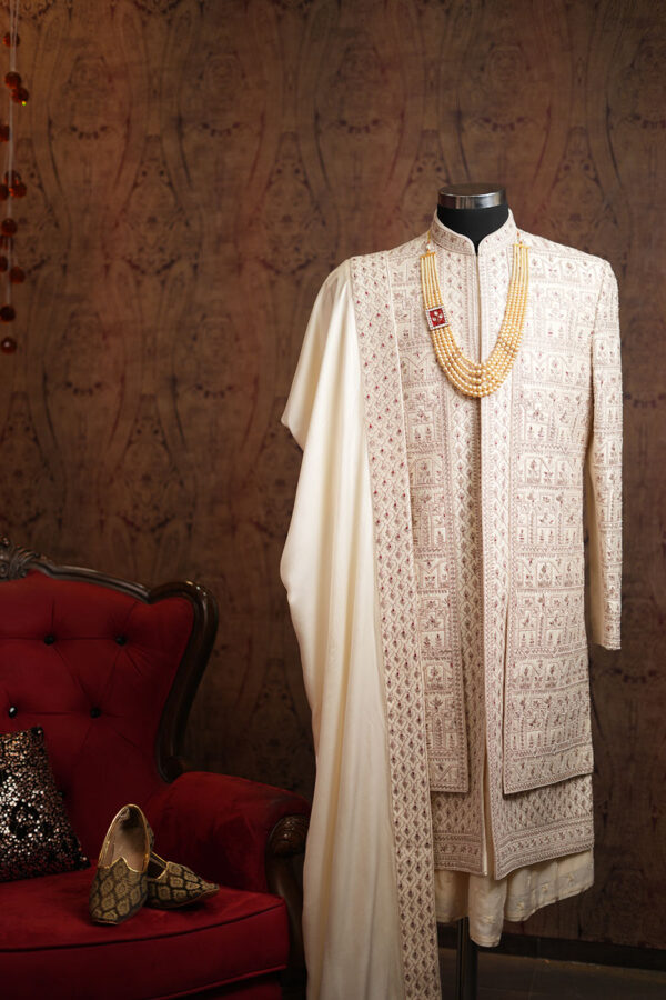 Beige Embroidered Wedding Sherwani