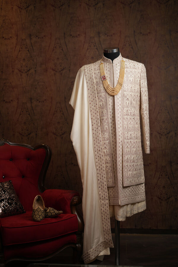 Beige Embroidered Wedding Sherwani - Image 2