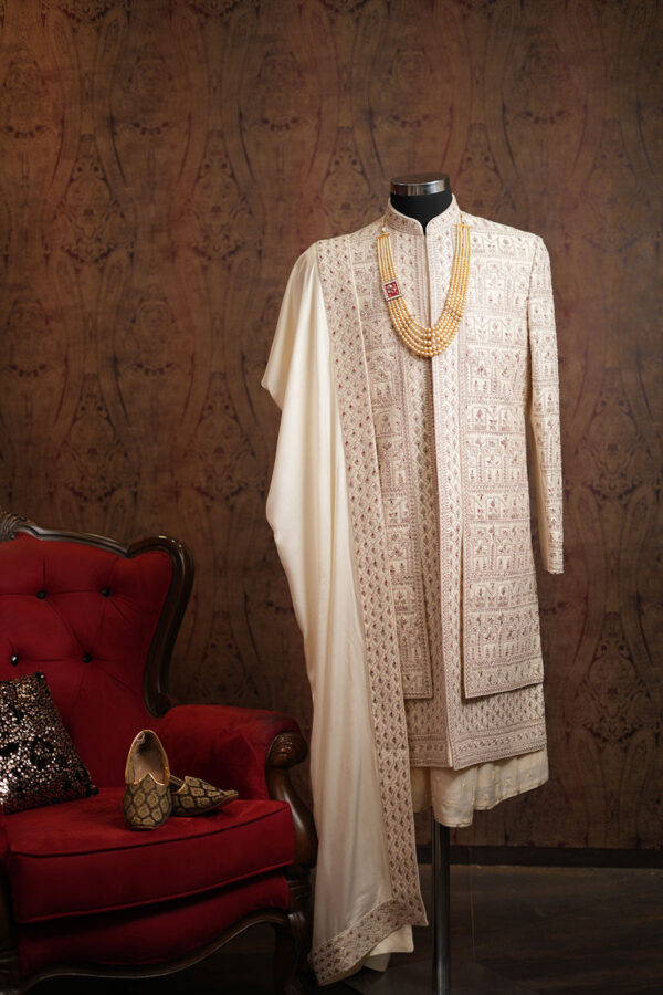 Beige Embroidered Wedding Sherwani - Image 3